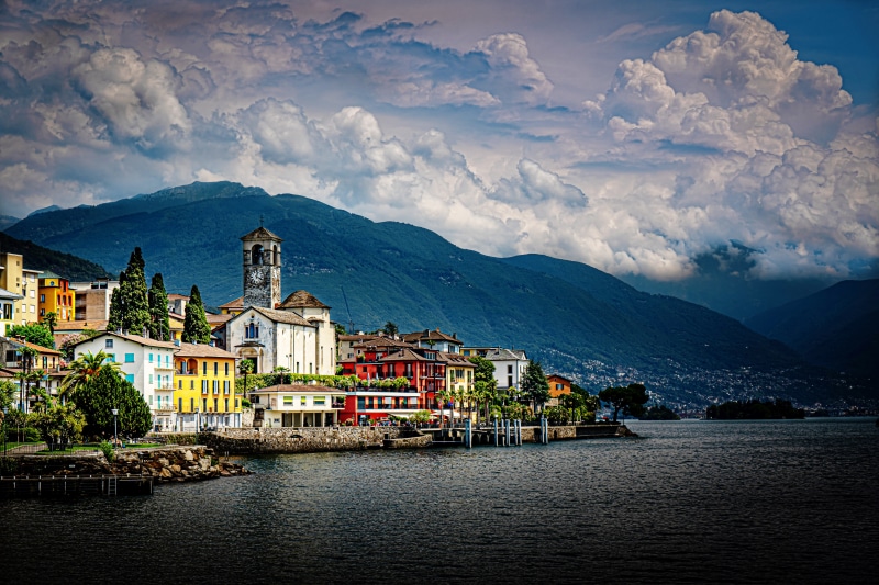 Lago Maggiore, Switzerland with Alps and Houses