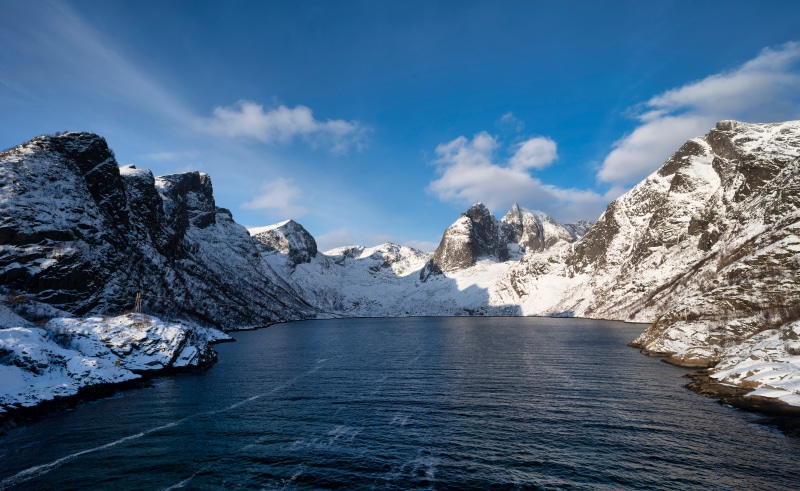 Djupfjorden Fjord in Norway with Snow-Capped Mountains