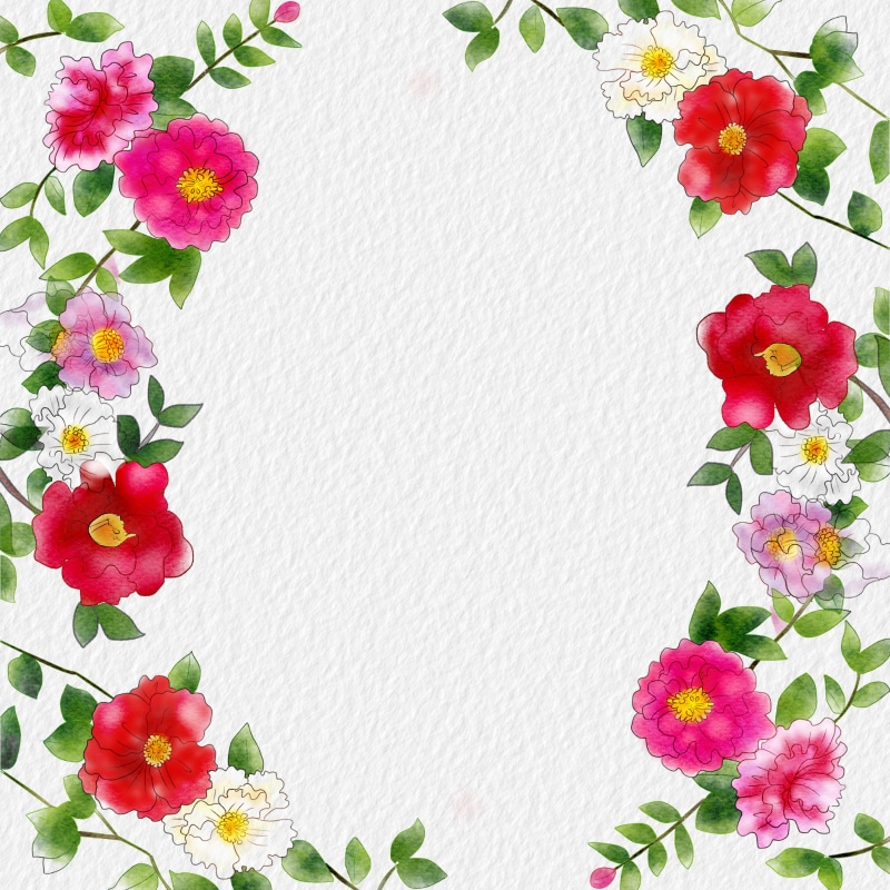 Watercolor painting of camellia flowers and leaves on textured paper