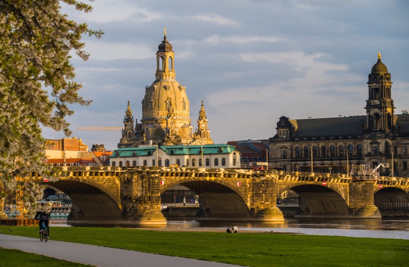 Dresden Germany Riverfront with Church and Bridge
