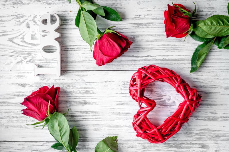 Red Roses and Love Heart on White Wood