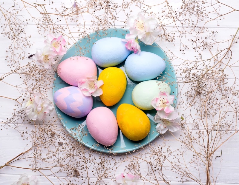 Easter Eggs on a Plate with Flowers