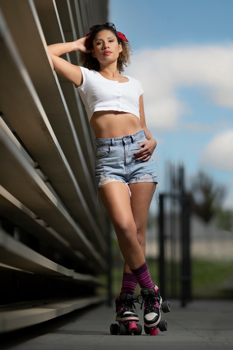 Oriana in roller skates and shorts