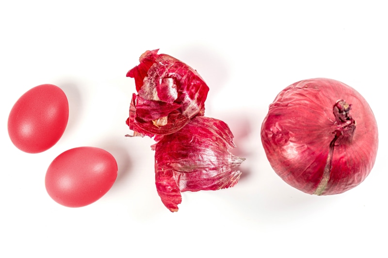 Red onion and red eggs on white background