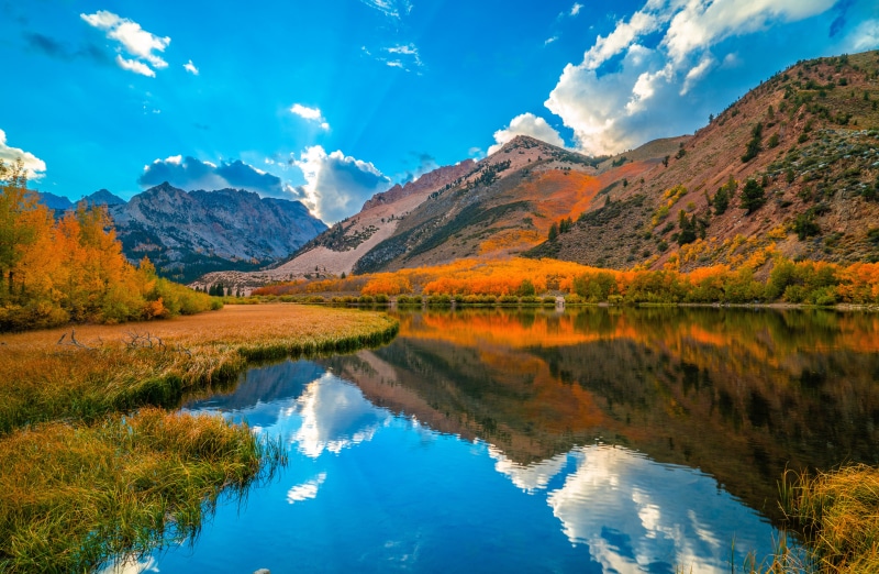 Autumn Mountains and Lake Reflection in California