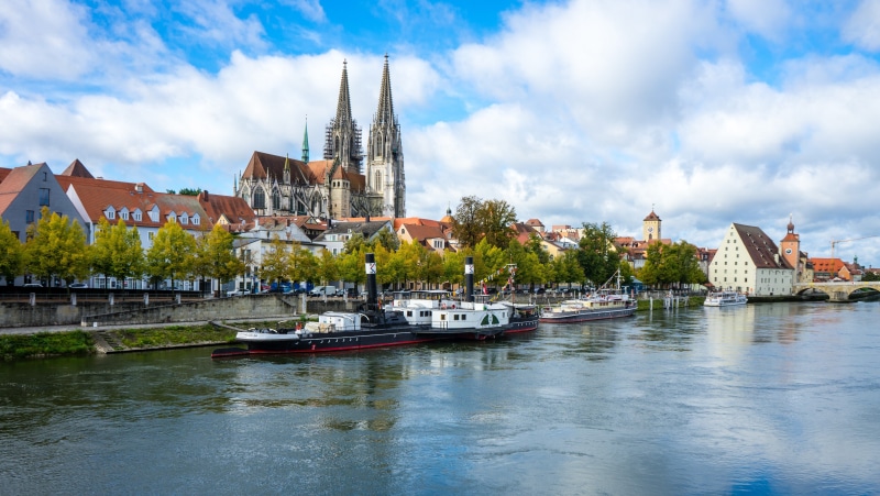 Regensburg Cathedral and Danube River with Boats