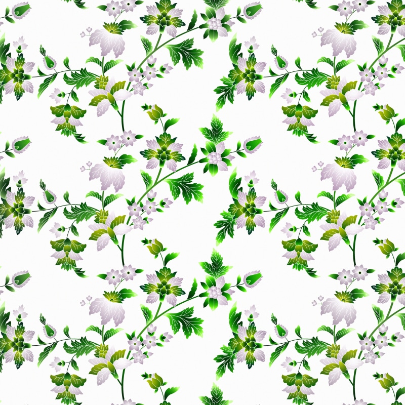 Floral pattern with green branches and purple flowers