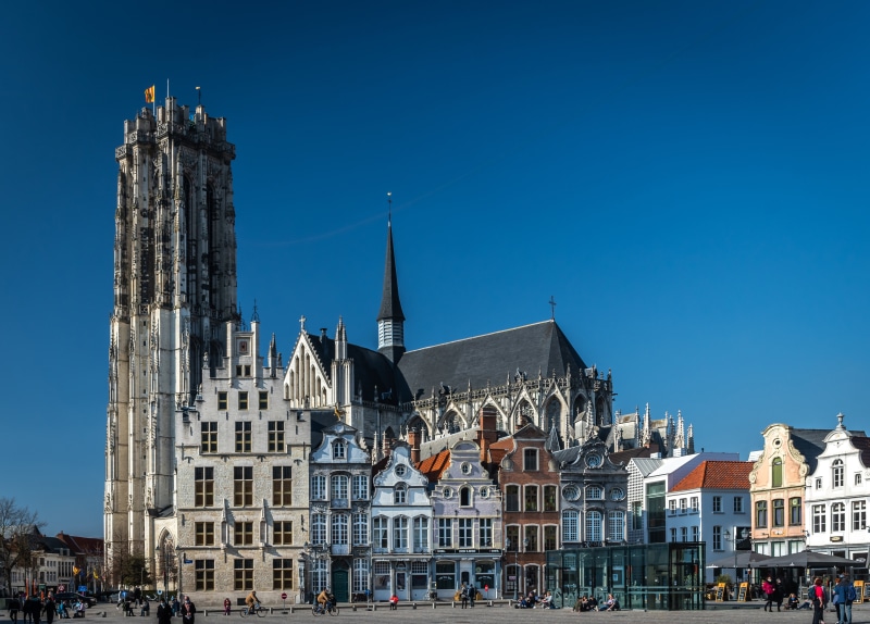Mechelen, Belgium Town Square with St. Rumbold's Cathedral