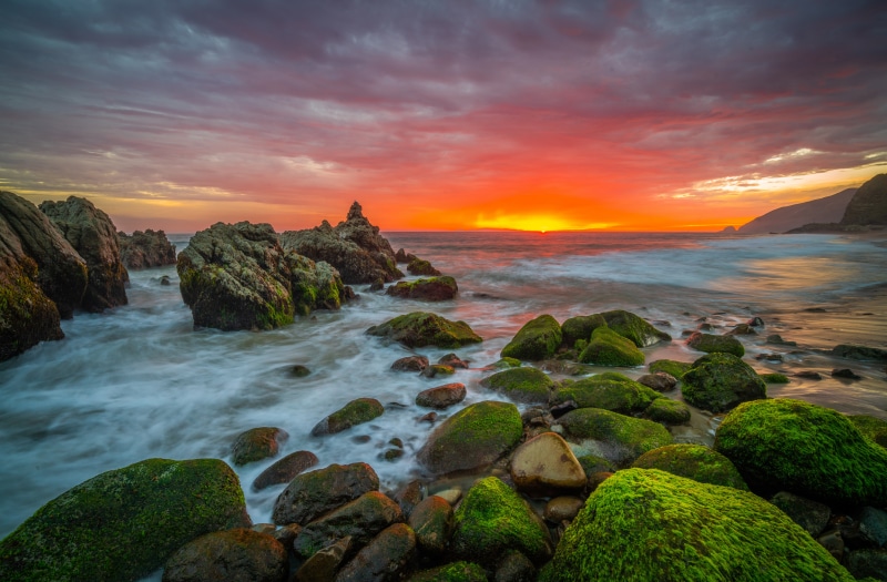 California Coast Sunset with Mossy Rocks