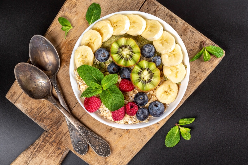 Oatmeal with Bananas, Blueberries, Raspberries, and Kiwi