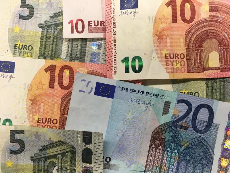 Euro banknotes: 5, 10, and 20 denominations