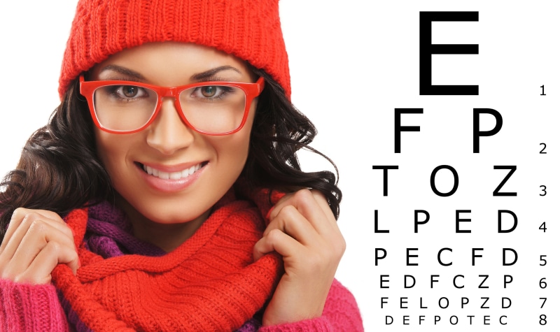 Woman wearing glasses and winter clothes with eye chart