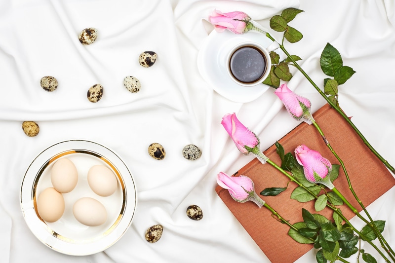 Easter Eggs, Roses, Coffee, and Book