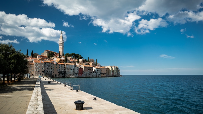 Rovinj, Croatia Waterfront with Bell Tower and Sea