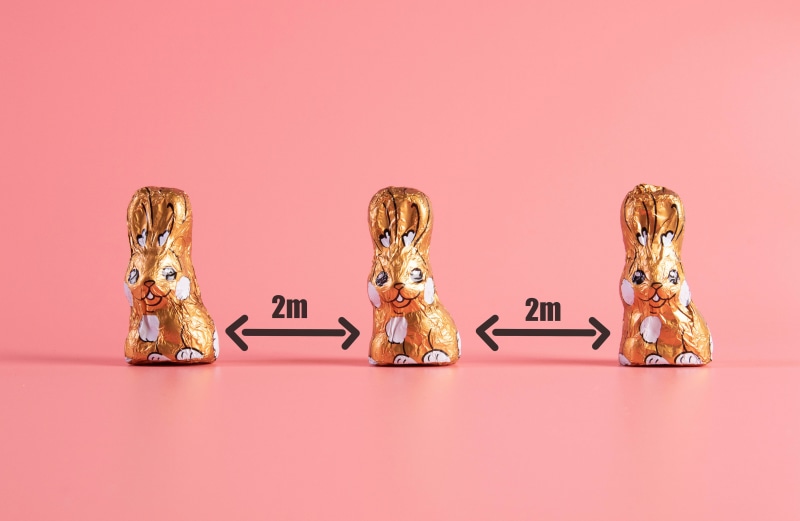 Three chocolate Easter bunnies practicing social distancing