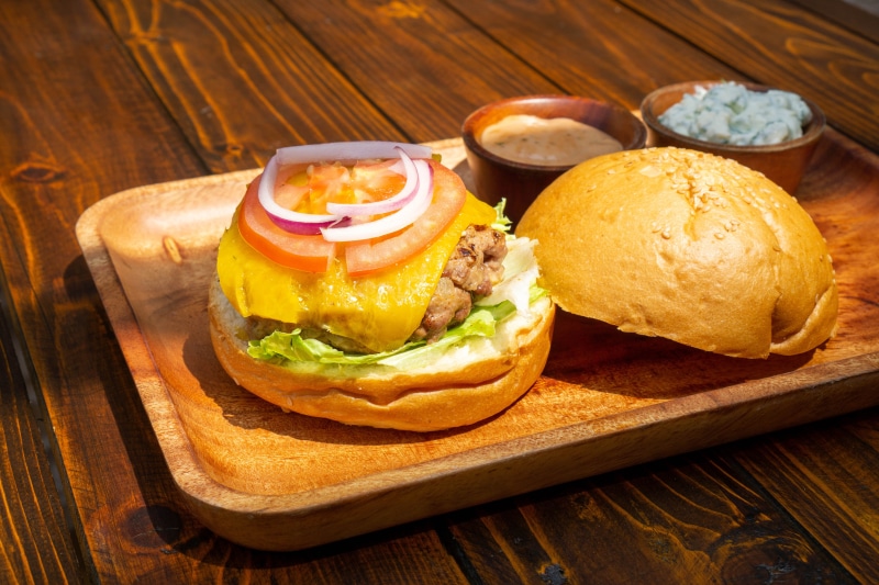 Hamburger with cheese, lettuce, tomato, and onion on a bun