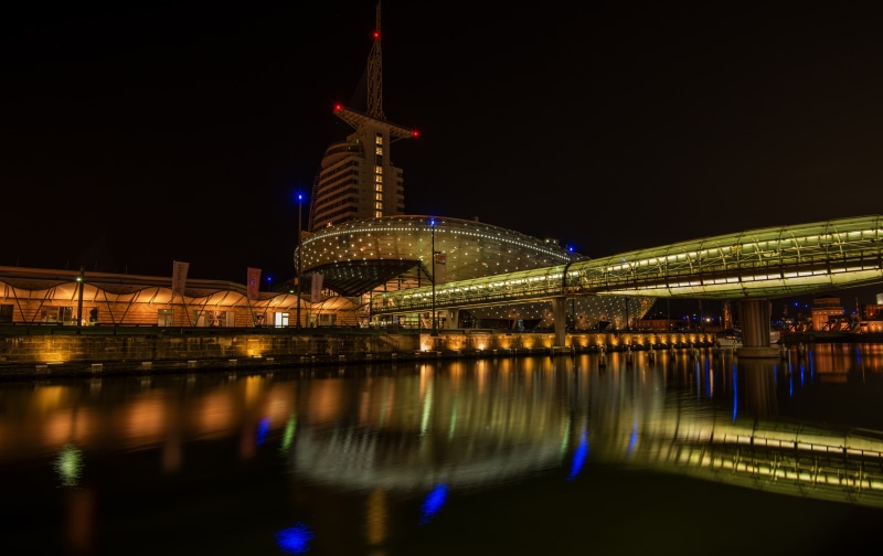 4K Bremerhaven Germany Buildings and Bridge at Night