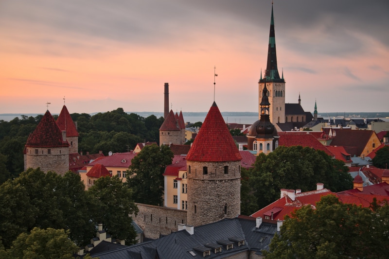 Old Tallinn Estonia Towers and Church at Sunset