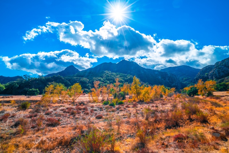 Malibu Creek State Park California Mountains with Sun and Clouds