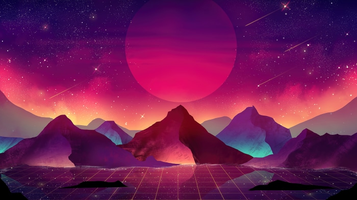 Retro Futuristic Mountain Landscape with Planet and Stars