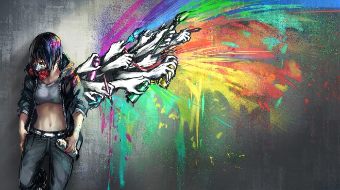 Anime girl with mask creating graffiti art