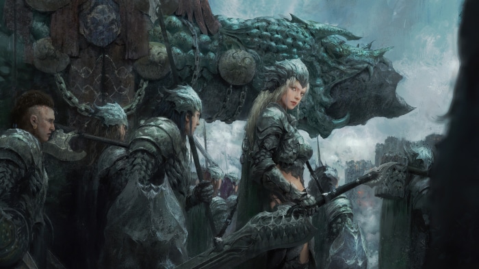 Fantasy army with warrior girl and dragon