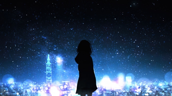Girl Silhouette Under Starry Night Sky Over City