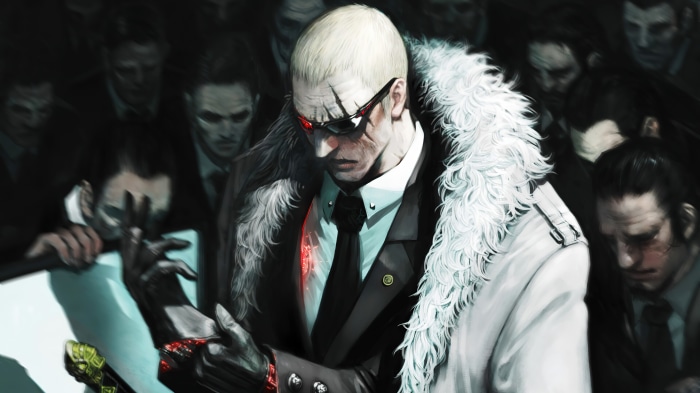 Mafia boss with a fur collar and sword