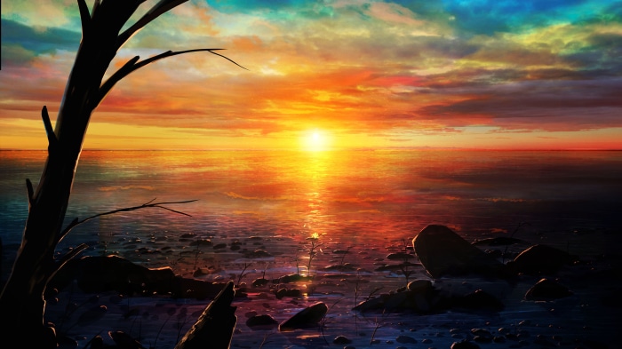 Anime sunset over the ocean with a silhouetted tree