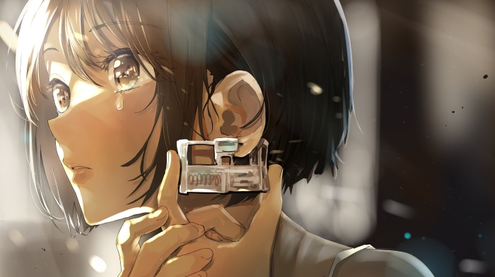 Anime girl with ear piercing in 4K