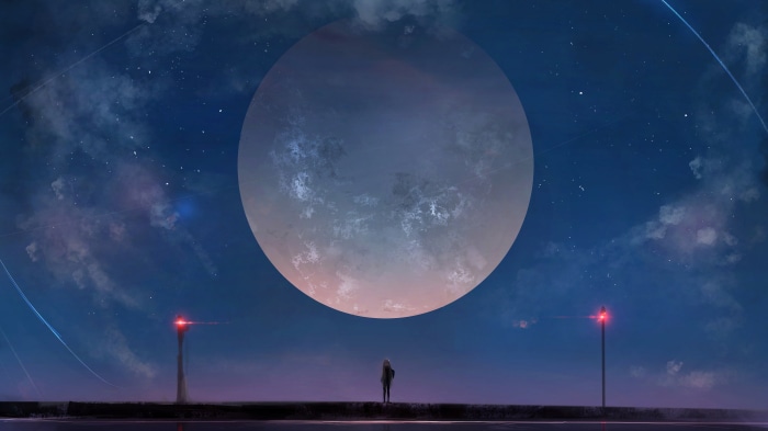 Anime scenery with a full moon at night 4K