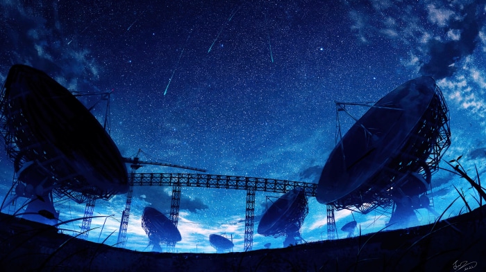 Satellite dishes under a starry night sky with meteor showers