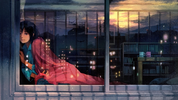 Anime girl looking out window at city lights
