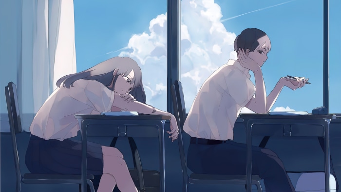 Anime Students in Classroom with Window View