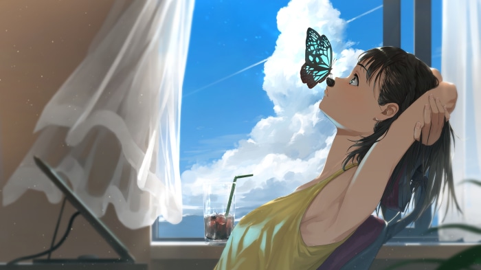 Anime girl with butterfly and clouds 4K