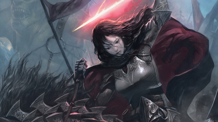 Fantasy warrior girl with flaming sword 4K