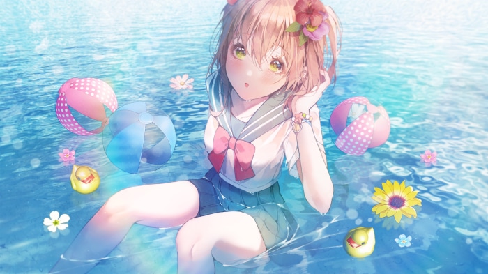 Anime girl in school uniform in water with beach balls