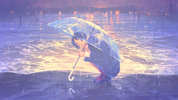 Anime girl with umbrella in the rain