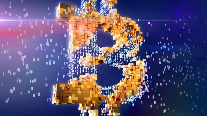 Bitcoin symbol made of cubes and binary code