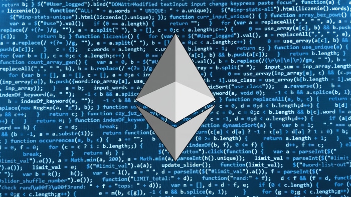 Ethereum logo on a blue code background
