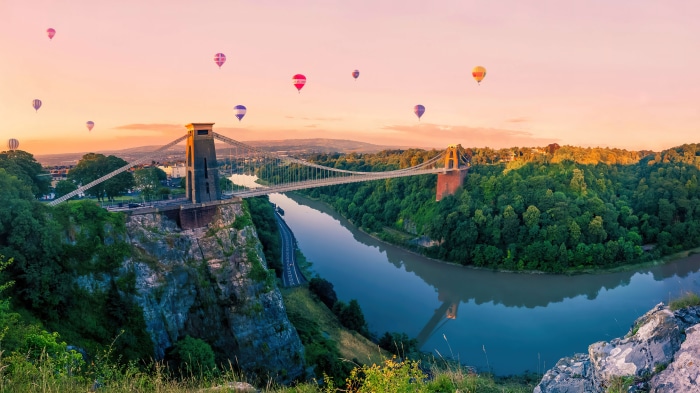 Hot air balloons over Clifton Suspension Bridge, Bristol, England, 4K
