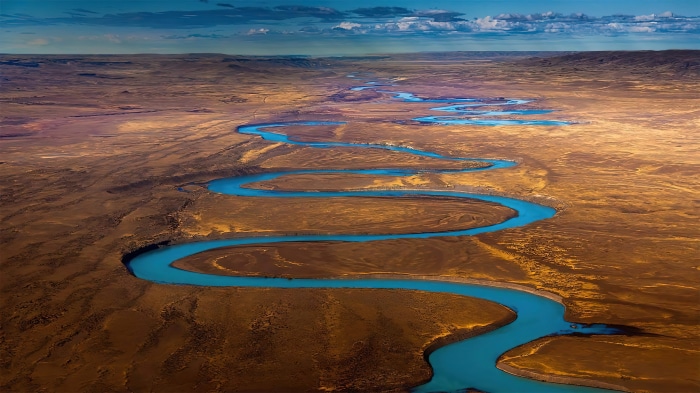 Aerial view of a winding river in Santa Cruz, Argentina 4K