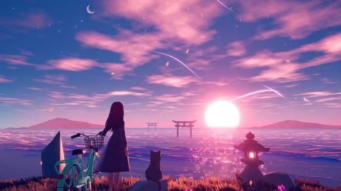 Girl and cat watching sunrise over ocean with torii gates