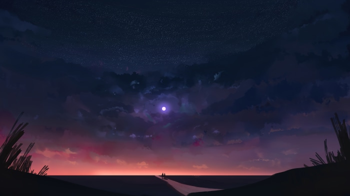 Digital art landscape with night sky and sunset