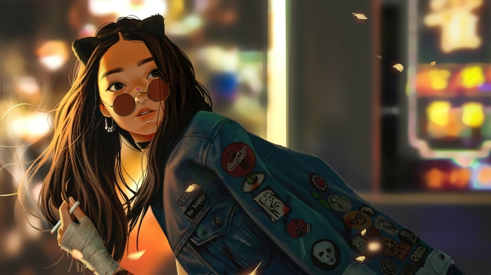 Anime girl with cat ears smoking, 4K
