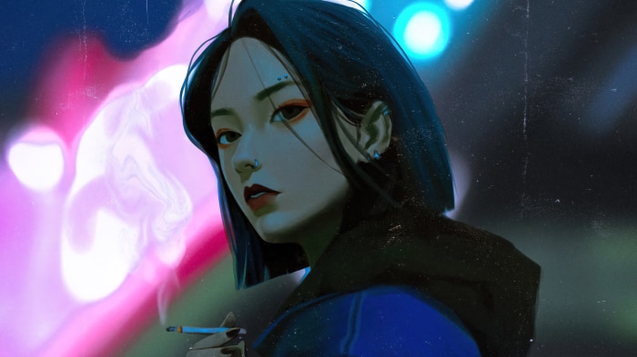 Anime girl smoking with bokeh lights 4K