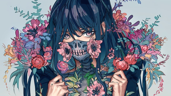 Anime girl with skull mask and flowers 4K