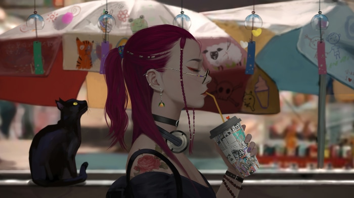 Anime girl drinking with black cat 4K