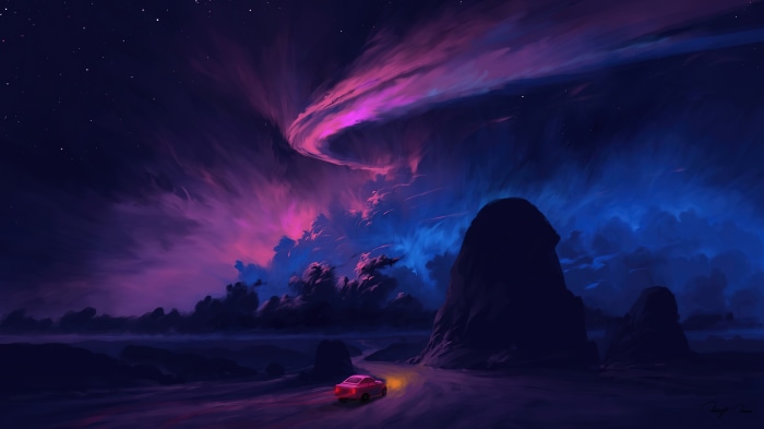 Red car driving on a road under a colorful night sky