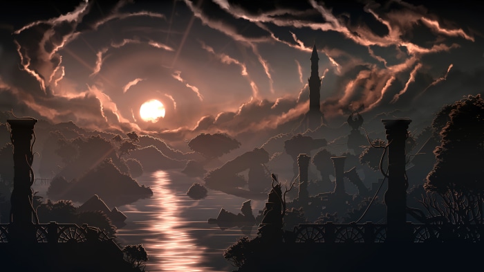 Fantasy landscape with sun and tower